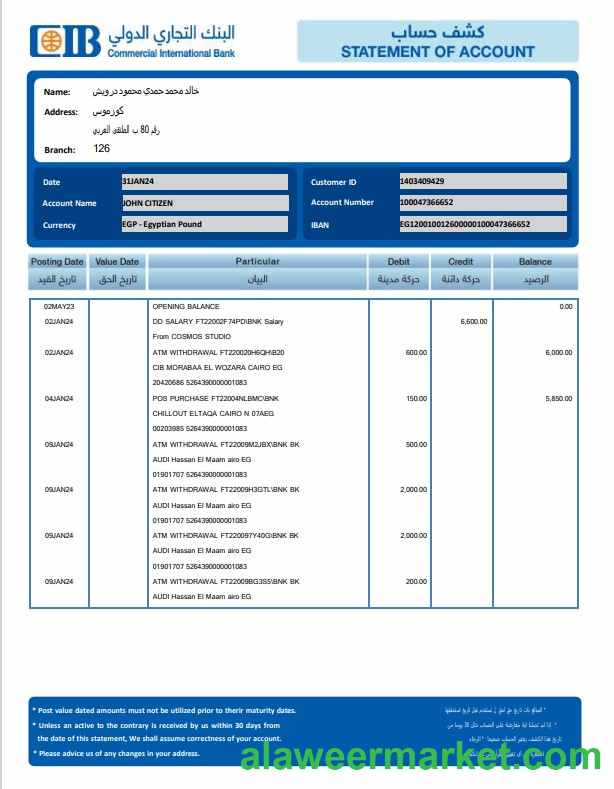 EGYPT CIB bank statement template, Word and PDF format